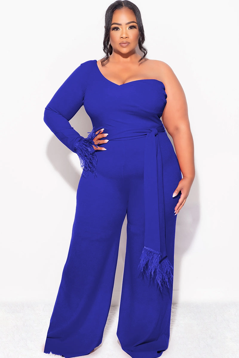 NonRestrictive Cut Final Sale Plus Size One Shoulder Long Sleeve Feather Cuff Jumpsuit with Tie in Royal Blue