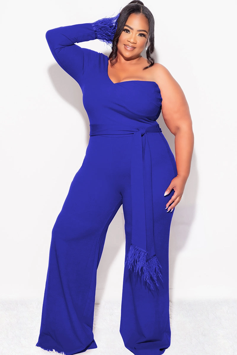 Fashion-Ready Sleep Final Sale Plus Size One Shoulder Long Sleeve Feather Cuff Jumpsuit with Tie in Royal Blue
