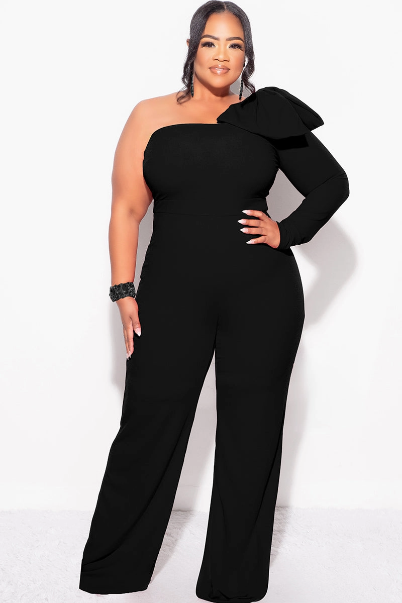 Final Sale Plus Size One Shoulder Long Sleeve Jumpsuit with Bow in Black Antibacterial Stylish Jacket