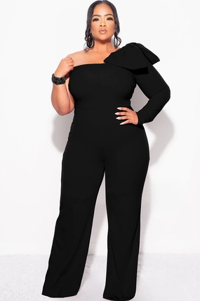 Final Sale Plus Size One Shoulder Long Sleeve Jumpsuit with Bow in Black Grid Back Panel