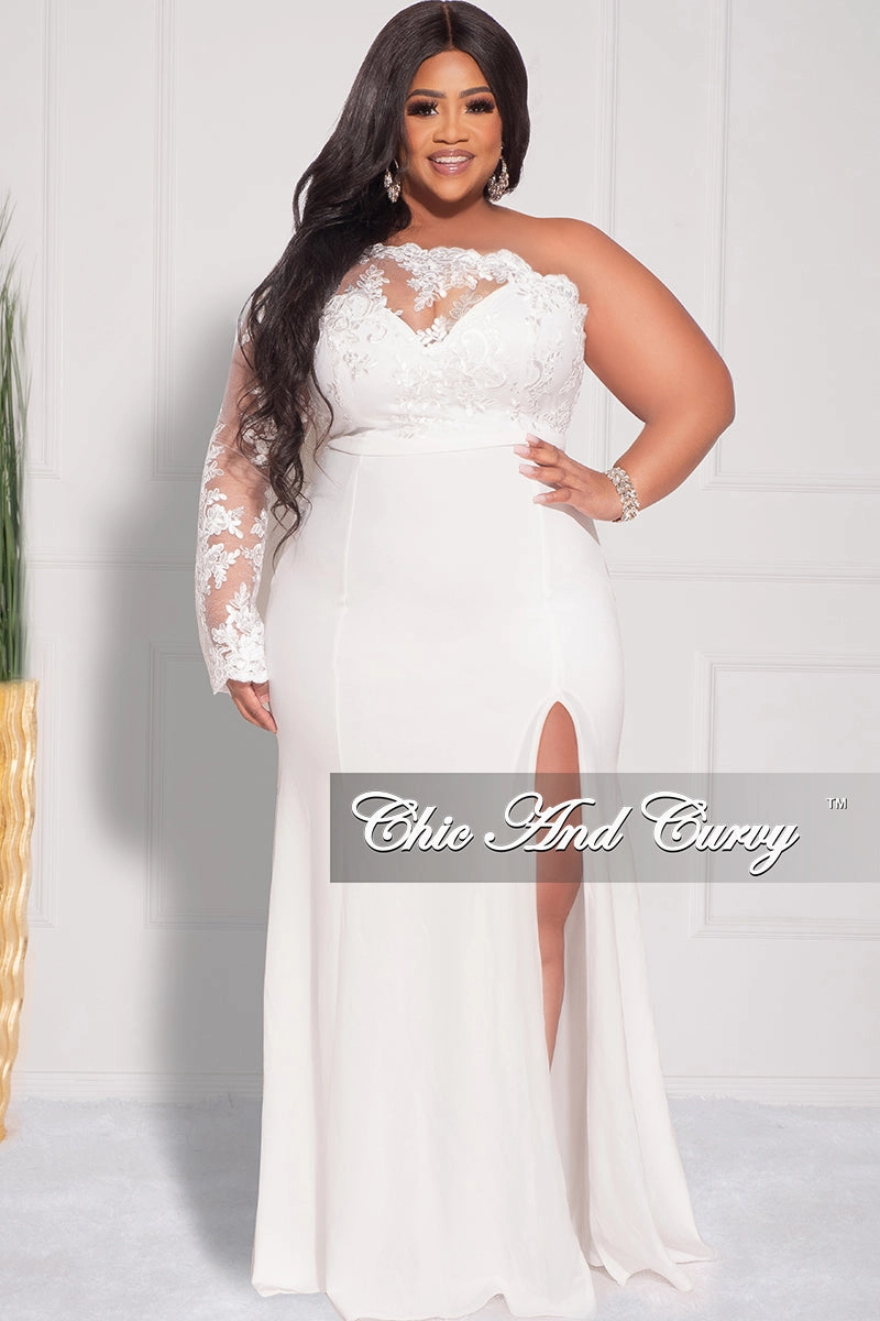 Modern Design Final Sale Plus Size One Shoulder Long Sleeve Lace Detail Gown with Side Slit in Ivory