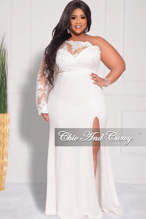 Contrast Stitch YarnDyeStripe Final Sale Plus Size One Shoulder Long Sleeve Lace Detail Gown with Side Slit in Ivory