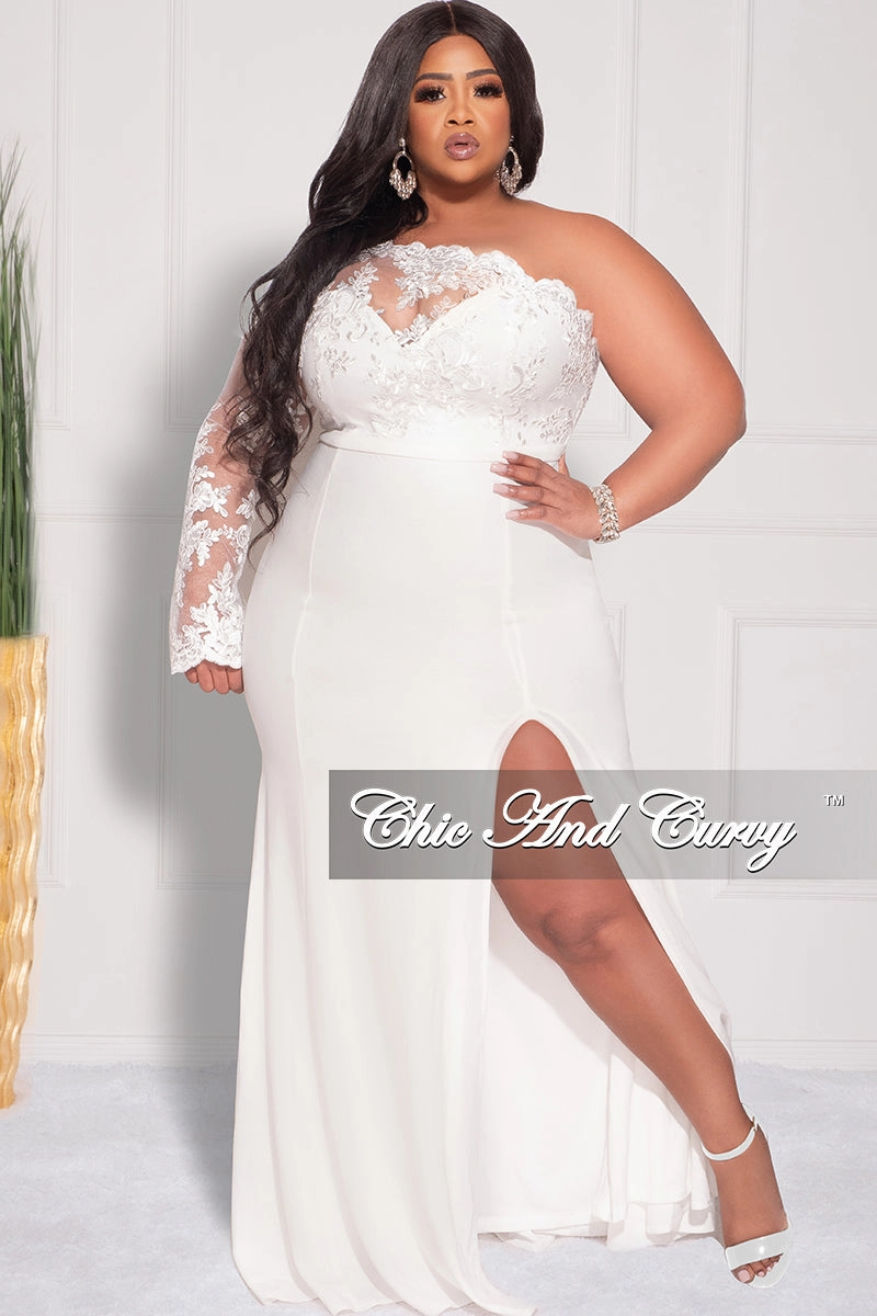 Final Sale Plus Size One Shoulder Long Sleeve Lace Detail Gown with Side Slit in Ivory Stretch Knit Material Microfiber texture
