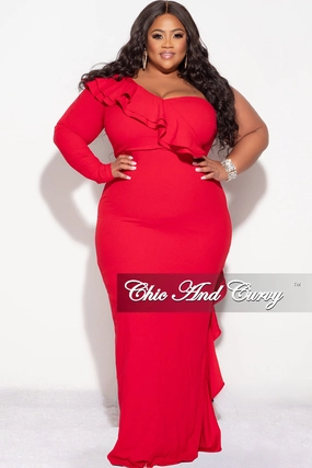 Final Sale Plus Size One Shoulder Ruffle Trim Gown in Red Reinforced Elbow Patches