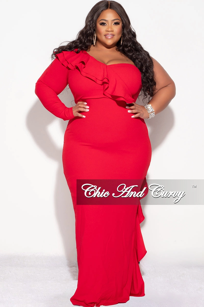 Fit for Any Season Bright Color Final Sale Plus Size One Shoulder Ruffle Trim Gown in Red