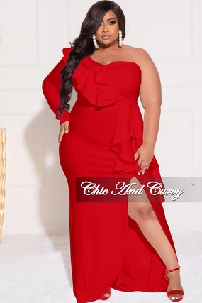 Knit Fabric Technology Final Sale Plus Size One Sided Ruffle Gown with Front Slit in Red