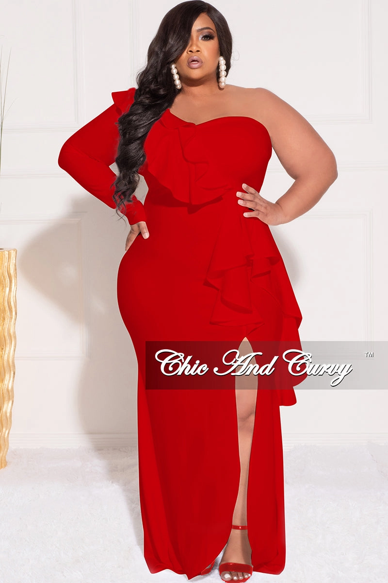 Non Iron Fabric Final Sale Plus Size One Sided Ruffle Gown with Front Slit in Red