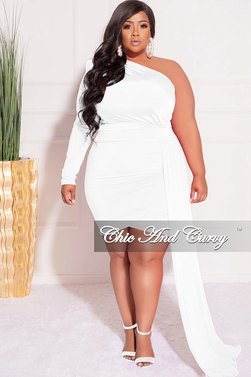 Breathable Knit Fabric Final Sale Plus Size One Sleeve Long Sash Dress in White