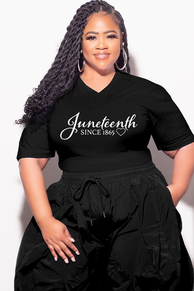 Final Sale Plus Size Oversized Unisex V-Neck Black T-Shirt Juneteenth since 1865 Stretch Fit Modern Waist