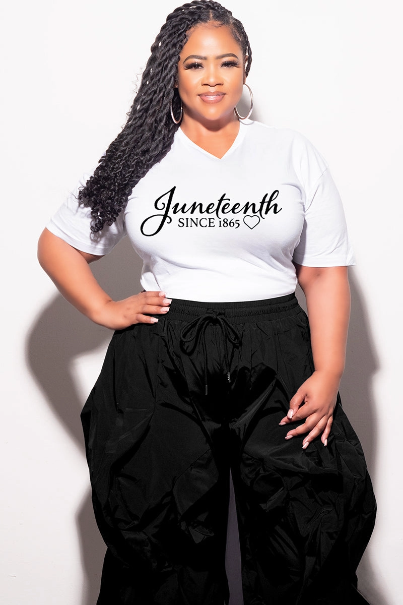 Simple Comfort Wear Final Sale Plus Size Oversized Unisex V-Neck White T-Shirt Juneteenth since 1865
