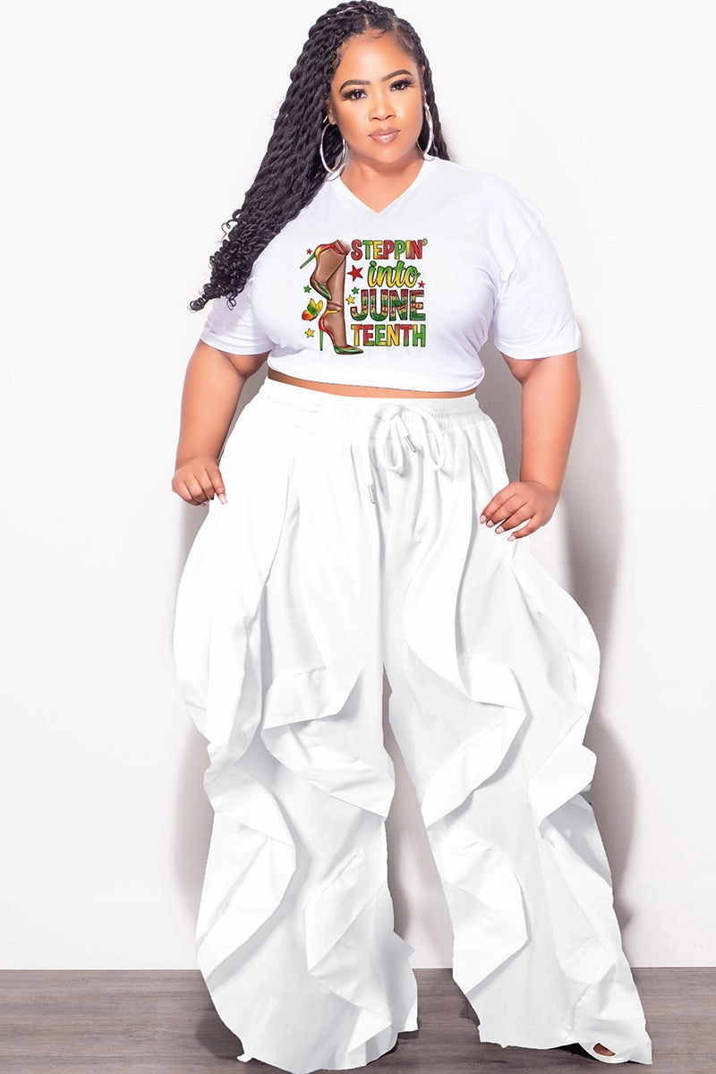 Final Sale Plus Size Oversized Unisex V-Neck White T-Shirt Steppin Into Juneteenth Comfortable Design NonChafingLegs