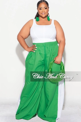 Soft Design Final Sale Plus Size Oversized Varsity Windbreaker Striped Wide Leg Pants in Green and White