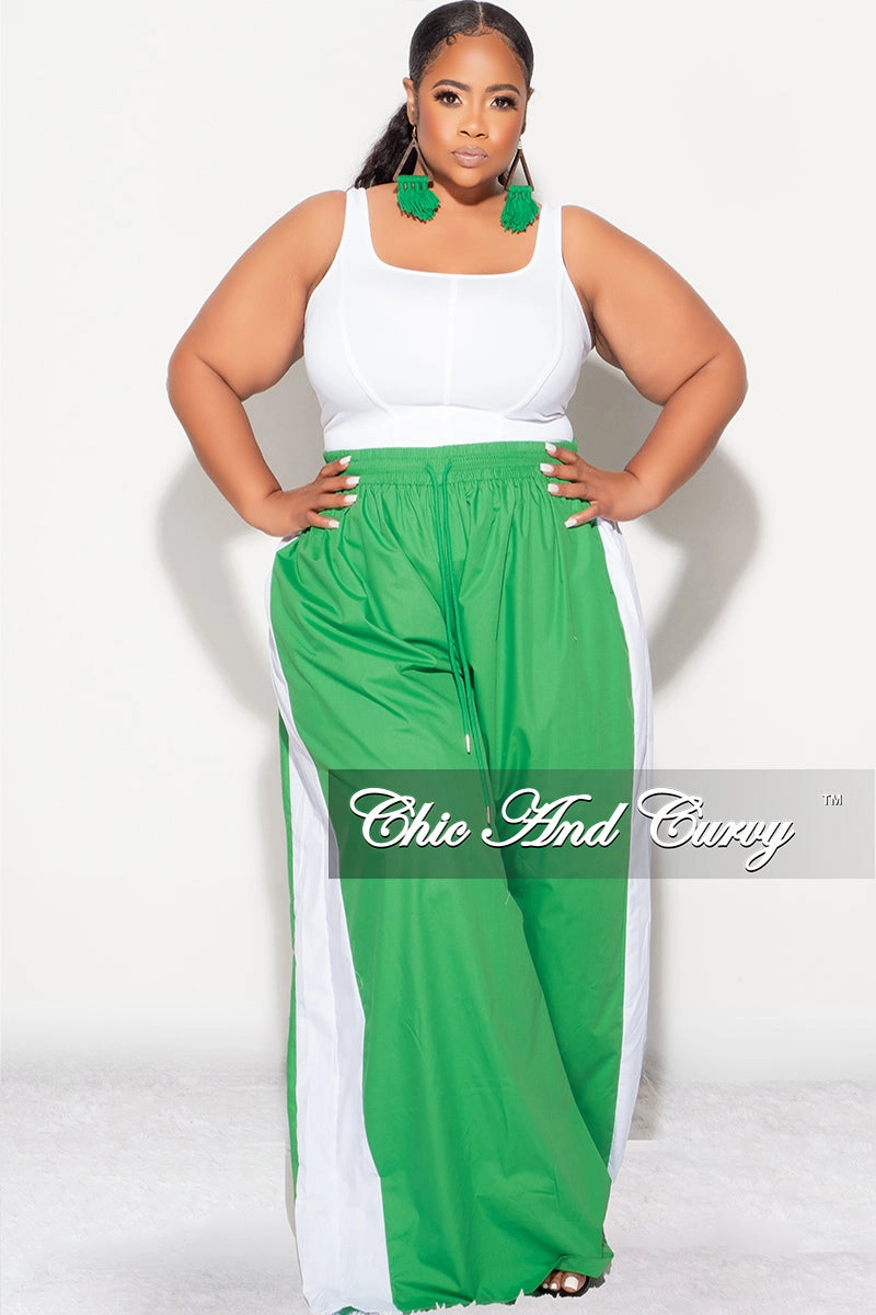Final Sale Plus Size Oversized Varsity Windbreaker Striped Wide Leg Pants in Green and White DoubleLayeredHem Breathable Comfort Fit