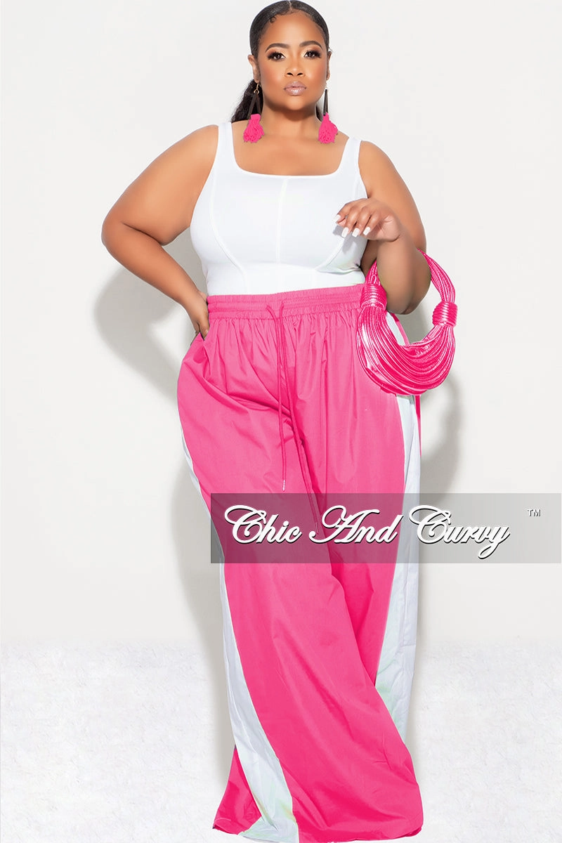 Final Sale Plus Size Oversized Varsity Windbreaker Striped Wide Leg Pants in Pink and White StretchFabric