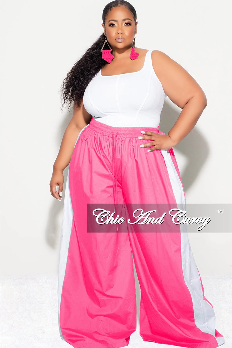 Final Sale Plus Size Oversized Varsity Windbreaker Striped Wide Leg Pants in Pink and White Zip Pocket