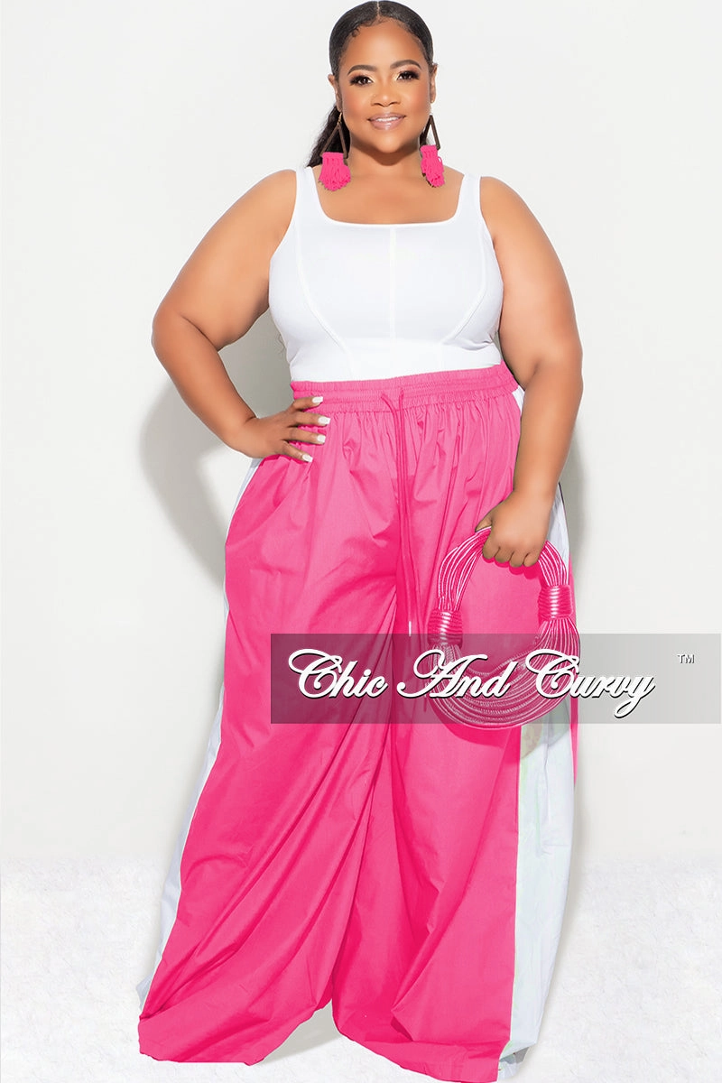 Comfy Waistband Final Sale Plus Size Oversized Varsity Windbreaker Striped Wide Leg Pants in Pink and White
