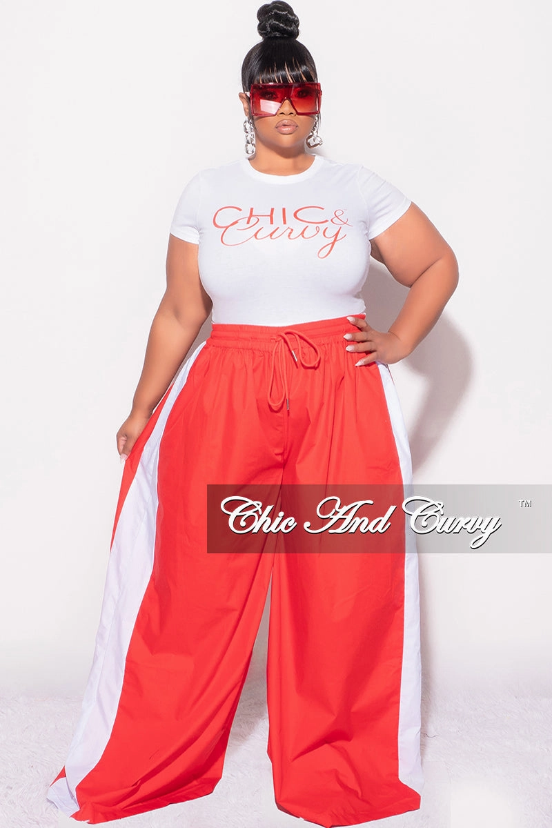 Soft Interior Flared bottom Final Sale Plus Size Oversized Varsity Windbreaker Striped Wide Leg Pants in Red and White