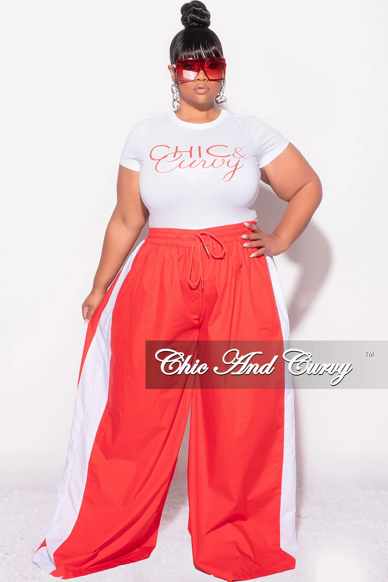 Ultra Soft Final Sale Plus Size Oversized Varsity Windbreaker Striped Wide Leg Pants in Red and White