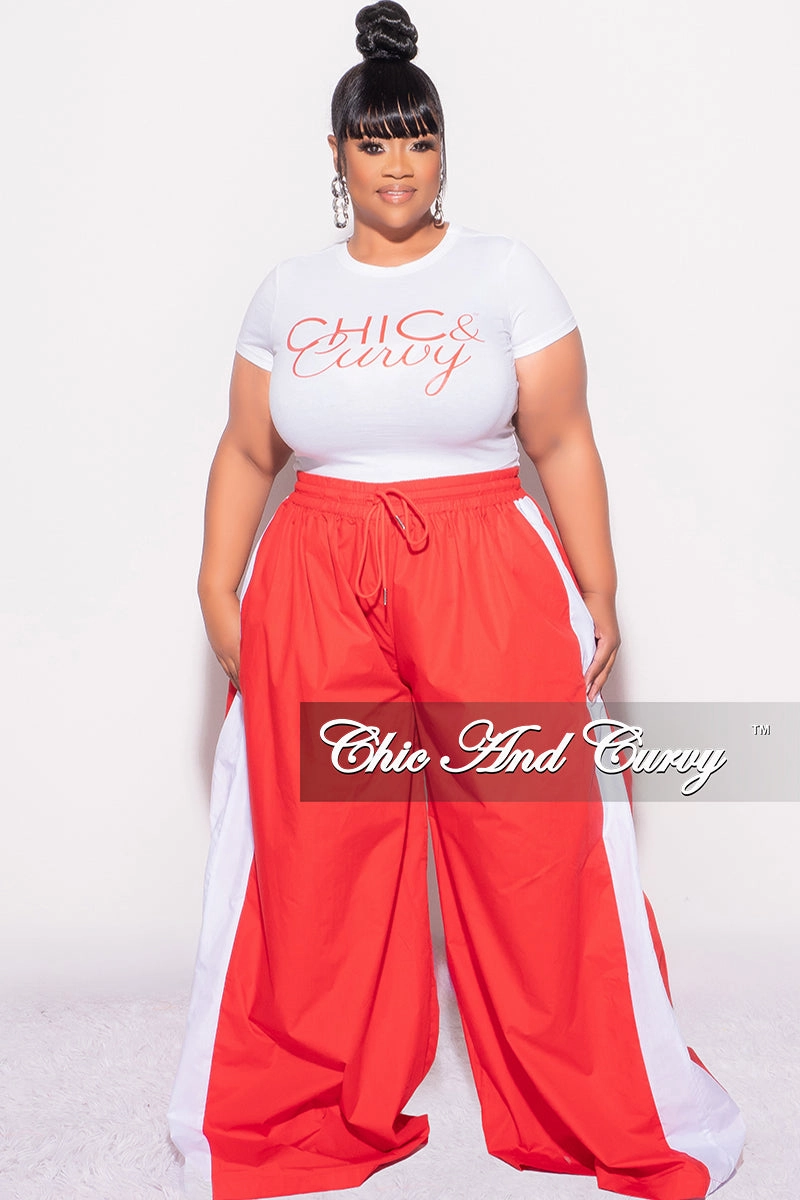 Essential Wear Warm Fit Final Sale Plus Size Oversized Varsity Windbreaker Striped Wide Leg Pants in Red and White