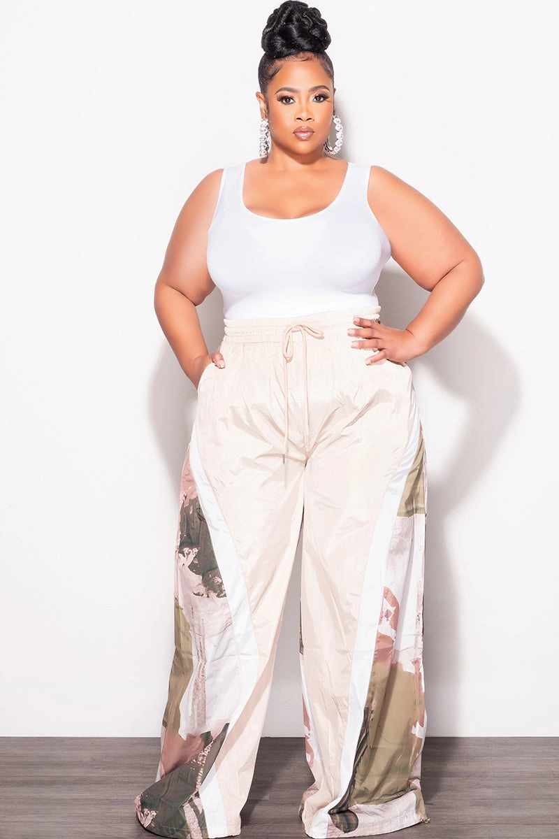 Final Sale Plus Size Oversized Windbreaker Wide Leg Pants in Tan and Green Modular Attachment Tough Style