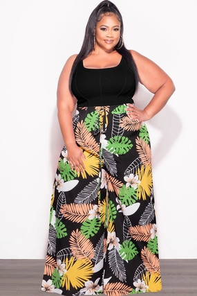 Final Sale Plus Size Pants in Black Multi Color Leaf Print Linen blend Perfect Design