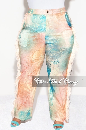 Final Sale Plus Size Pants with Fringe High Waist in Abstract Greens & Peach Elastic waist Travel Essential