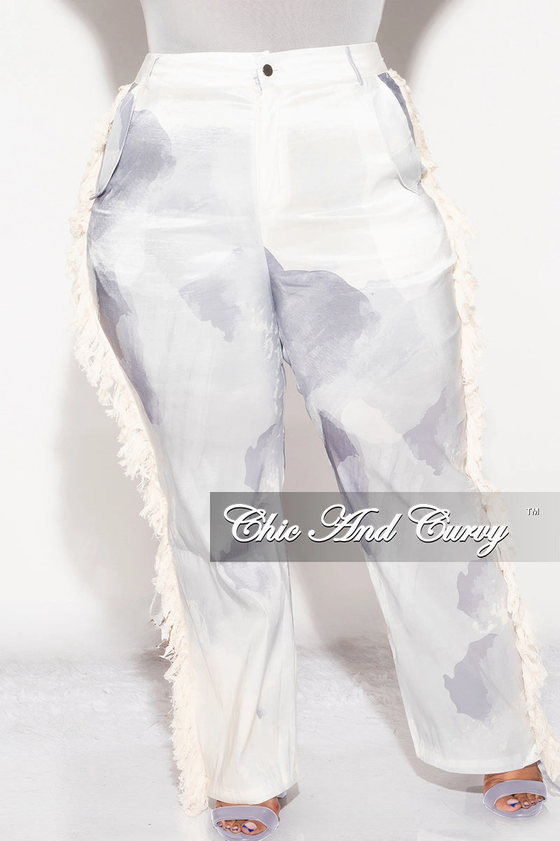 Final Sale Plus Size Pants with Fringe High Waist in Abstract Greys Tapered leg Everyday Comfort Wear