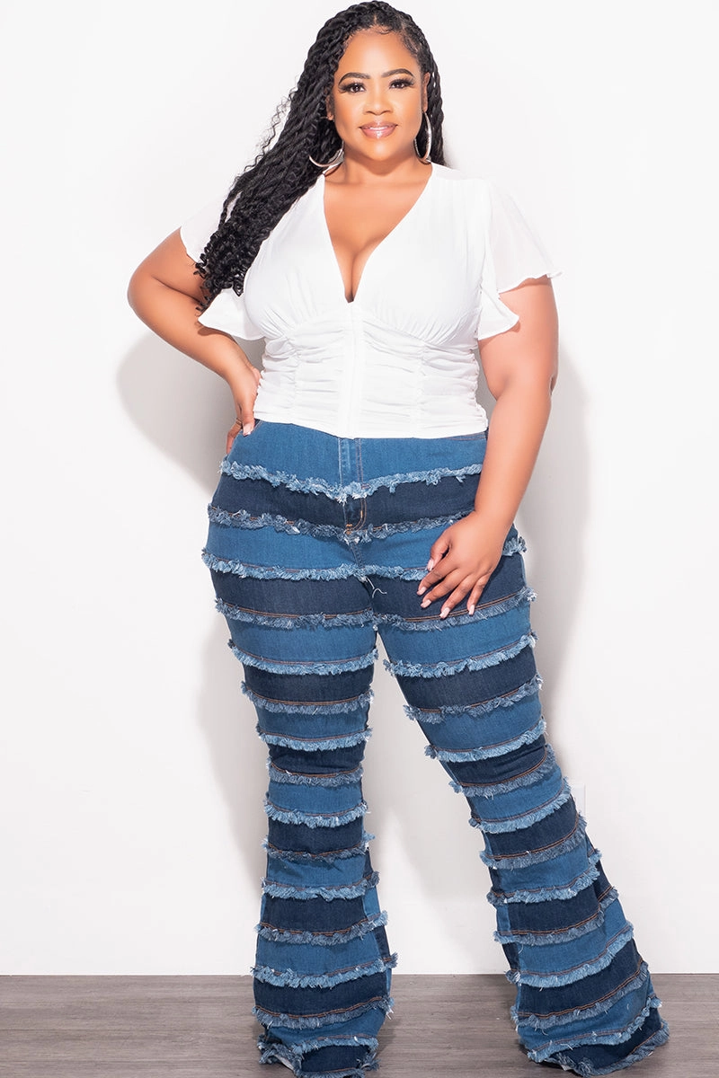 Final Sale Plus Size Patchwork Frayed Flare Jeans in Denim FlexibleMobility