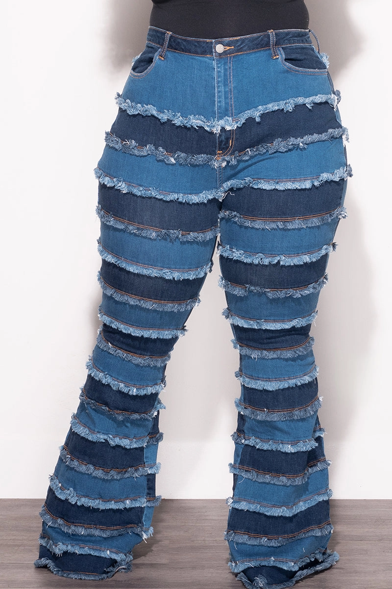 Tear Resistant Design Unisex style Final Sale Plus Size Patchwork Frayed Flare Jeans in Denim