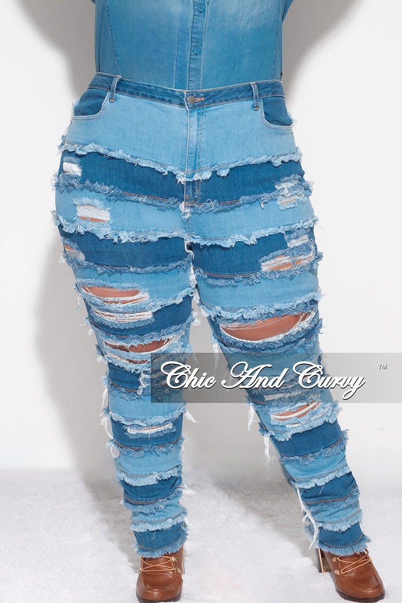 Dynamic Fit LightweightInsulation Final Sale Plus Size Patchwork Frayed Flare Jeans in Light Denim