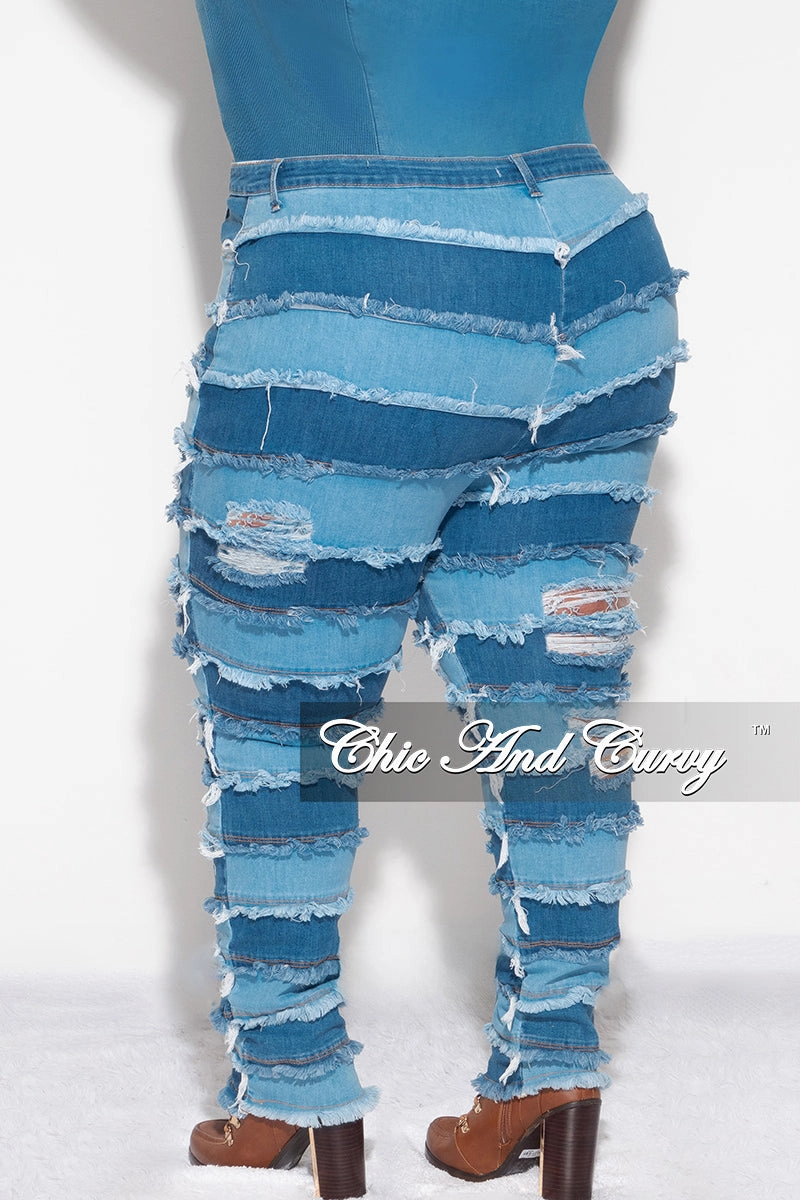 Work Comfort Sporty Stretch Fit Final Sale Plus Size Patchwork Frayed Flare Jeans in Light Denim