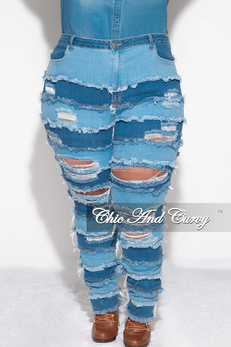 EcoFriendlyMaterial Convertible legs Final Sale Plus Size Patchwork Frayed Flare Jeans in Light Denim