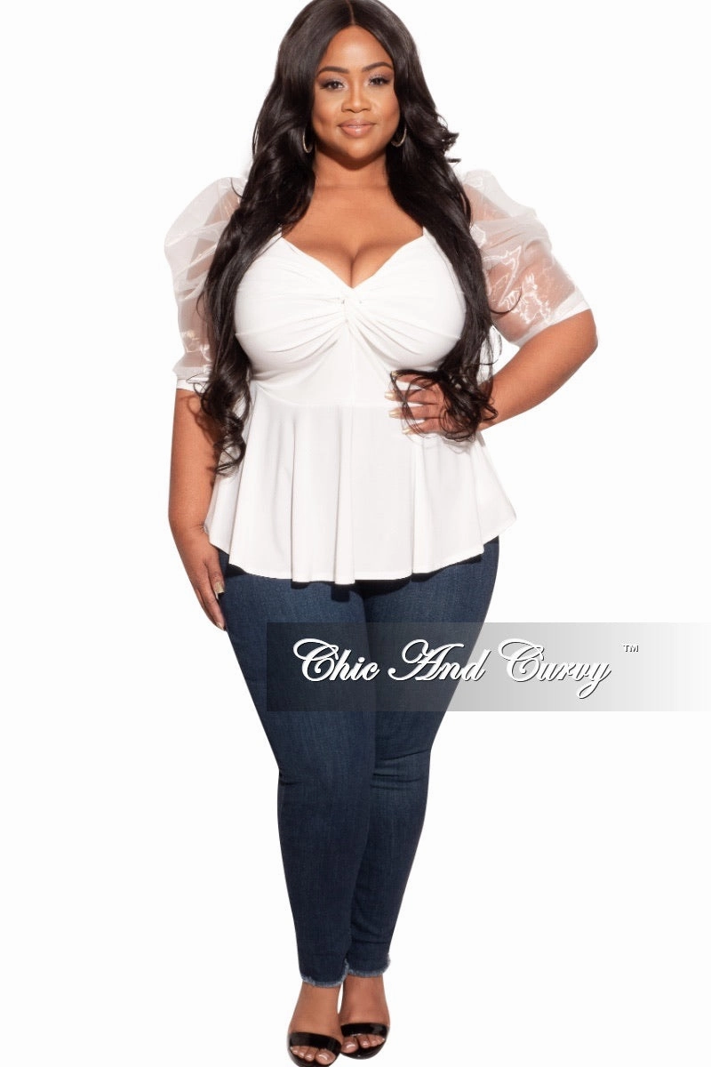 Soft and Cozy Final Sale Plus Size Peplum Top with Short Organza Puffy Sleeves in Off White