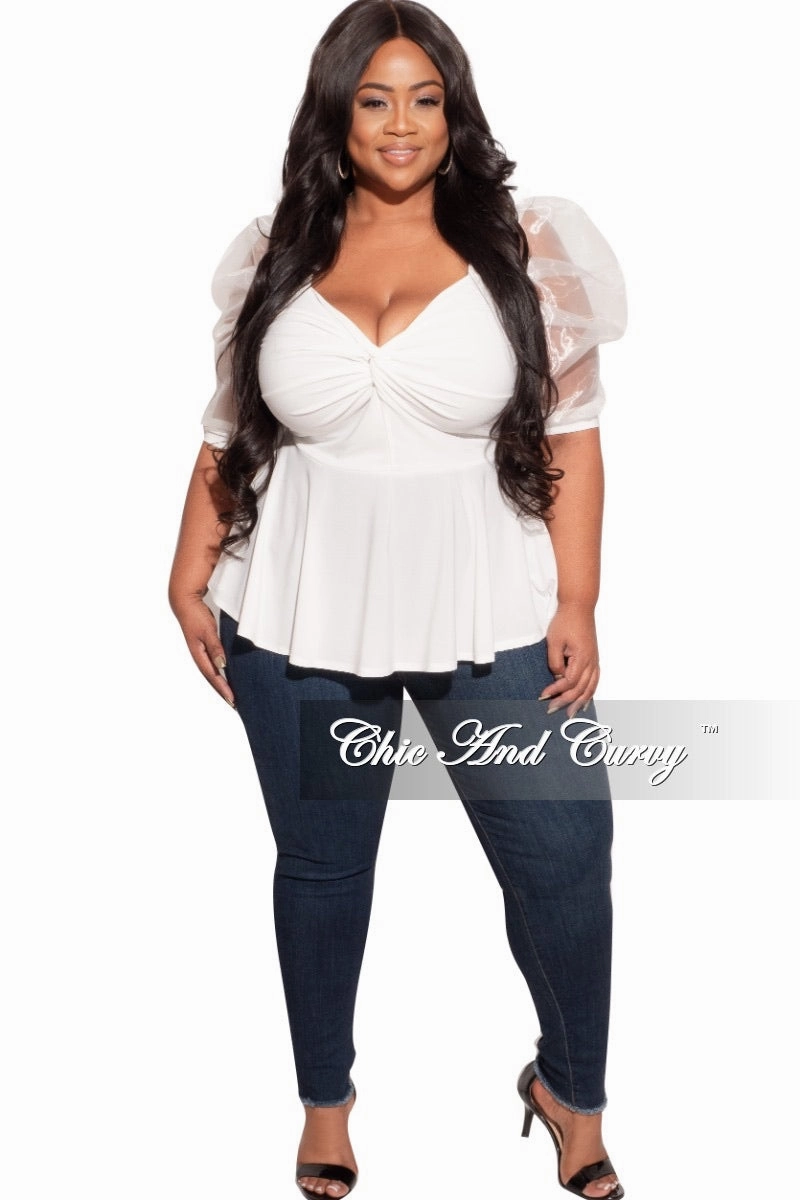 Comfy Fit Fit Comfort Final Sale Plus Size Peplum Top with Short Organza Puffy Sleeves in Off White