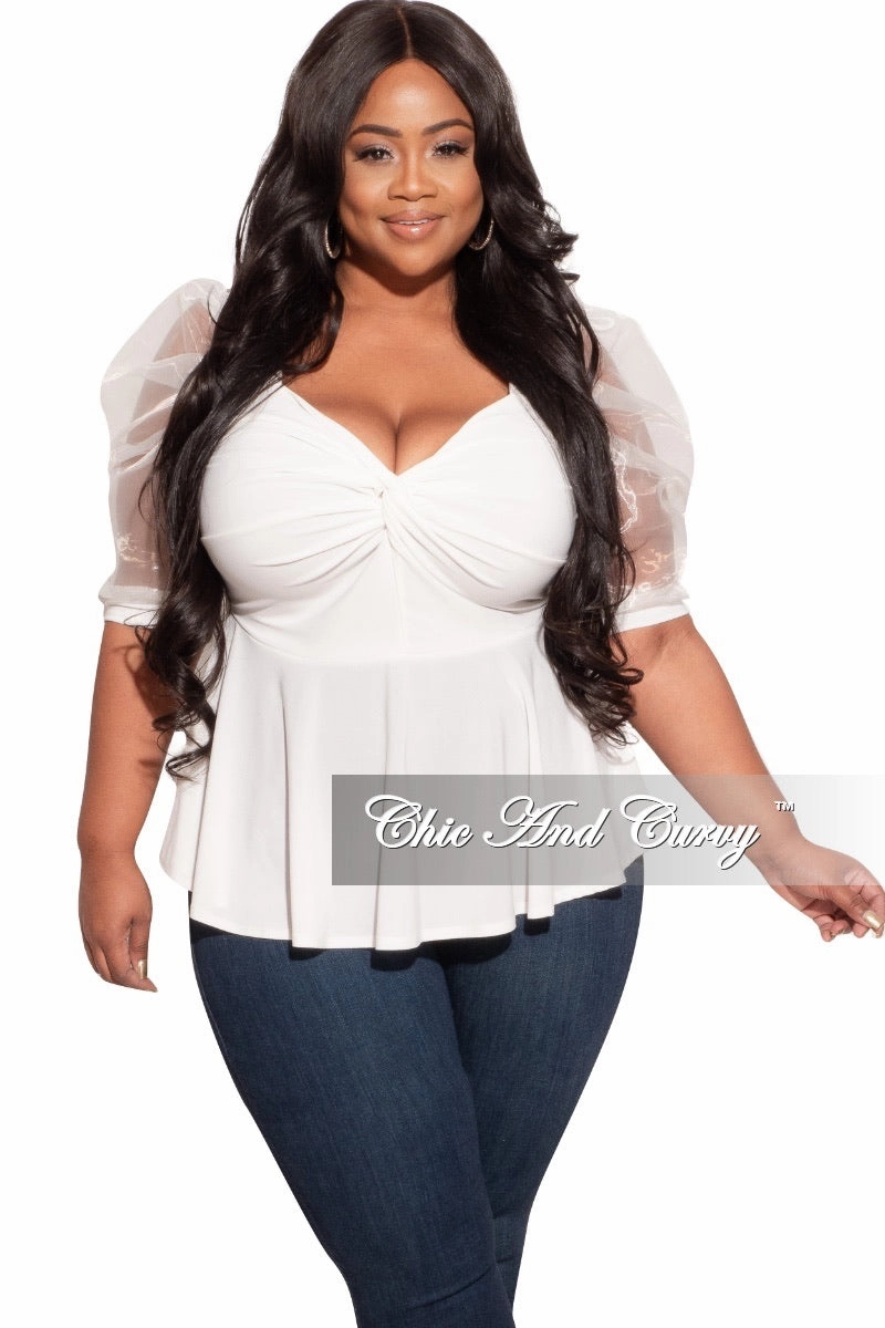 Final Sale Plus Size Peplum Top with Short Organza Puffy Sleeves in Off White FourWayStretch