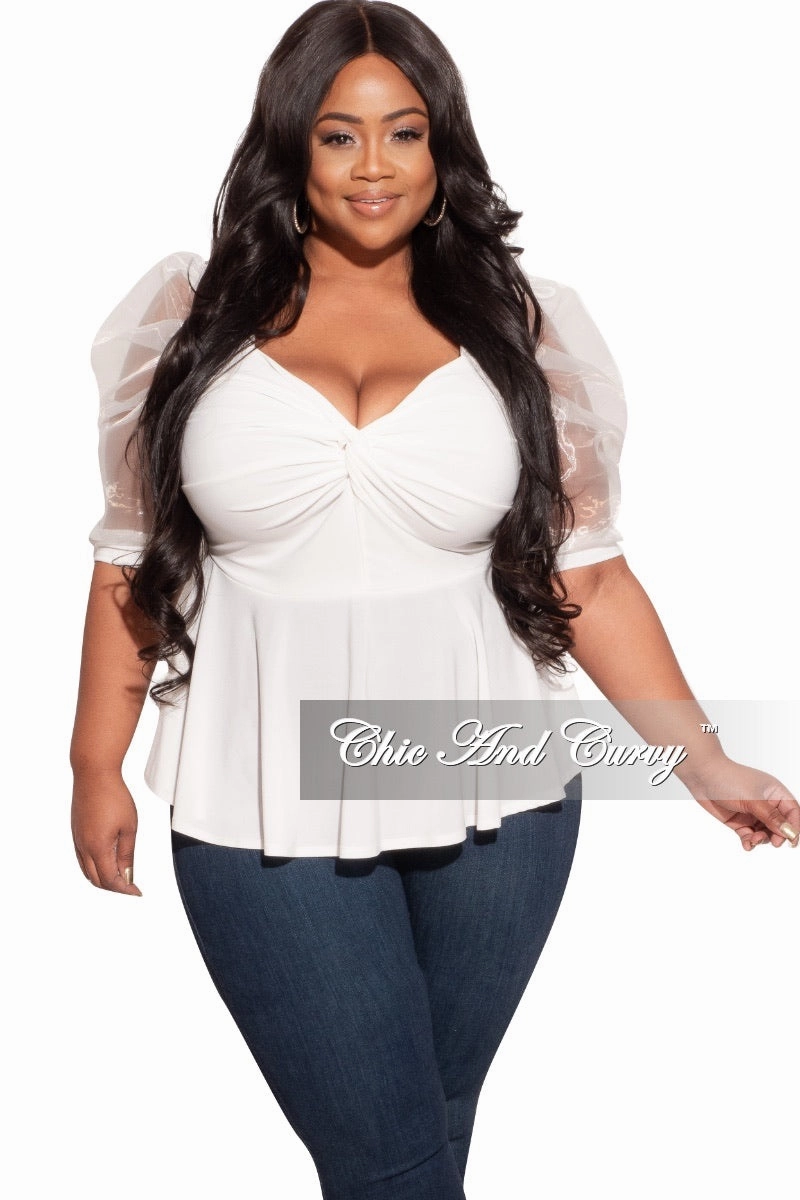 Final Sale Plus Size Peplum Top with Short Organza Puffy Sleeves in Off White NonSlipGrip Anti Static Fabric