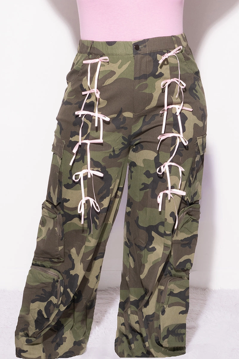 Final Sale Plus Size Pink Ribbon Cargo Pant in Camouflage Print Quick Adjust Fit DurableConstruction