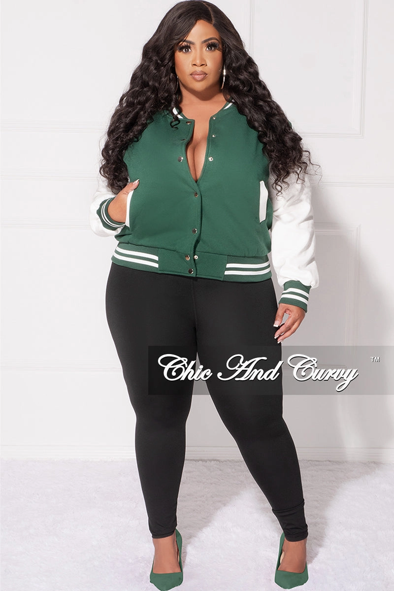 Multipurpose Design Final Sale Plus Size Plain Varsity Jacket in Green and White