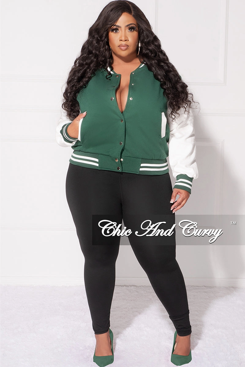 Final Sale Plus Size Plain Varsity Jacket in Green and White Relaxed Fit