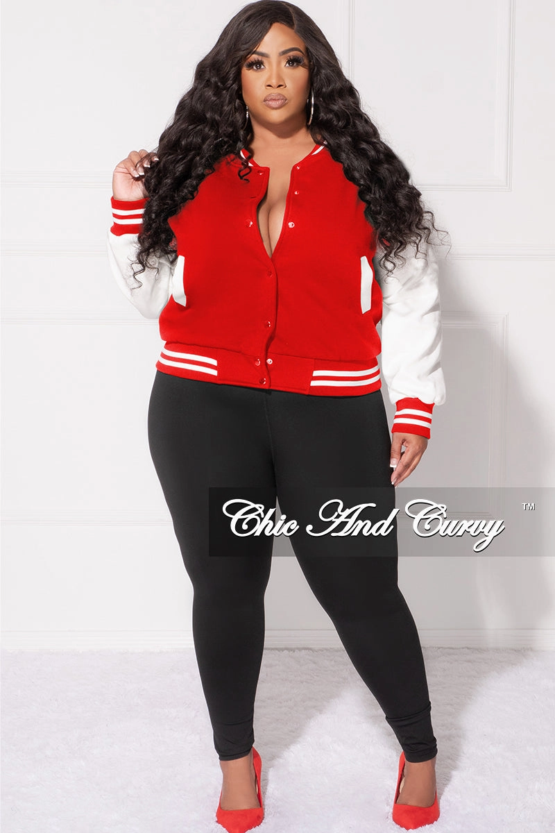 Final Sale Plus Size Plain Varsity Jacket in Red and White Fade Resistant Dye Smooth Fabric