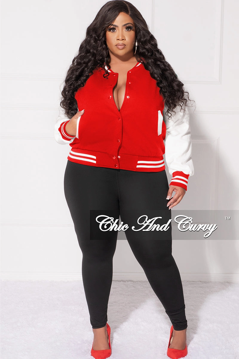 Final Sale Plus Size Plain Varsity Jacket in Red and White Active Design