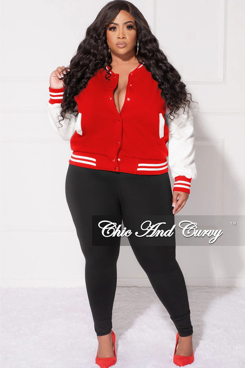 Street Utility HighRiseWaist Final Sale Plus Size Plain Varsity Jacket in Red and White