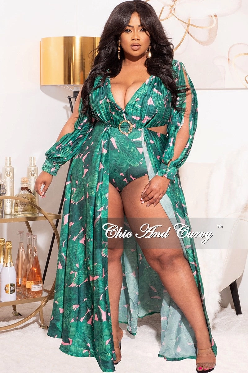 StaticDissipative Final Sale Plus Size Playsuit with Open Back & Train in Green/Pink Palm Print