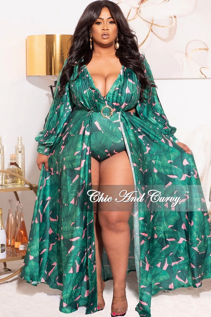 Final Sale Plus Size Playsuit with Open Back & Train in Green/Pink Palm Print Sporty Stretch Fit