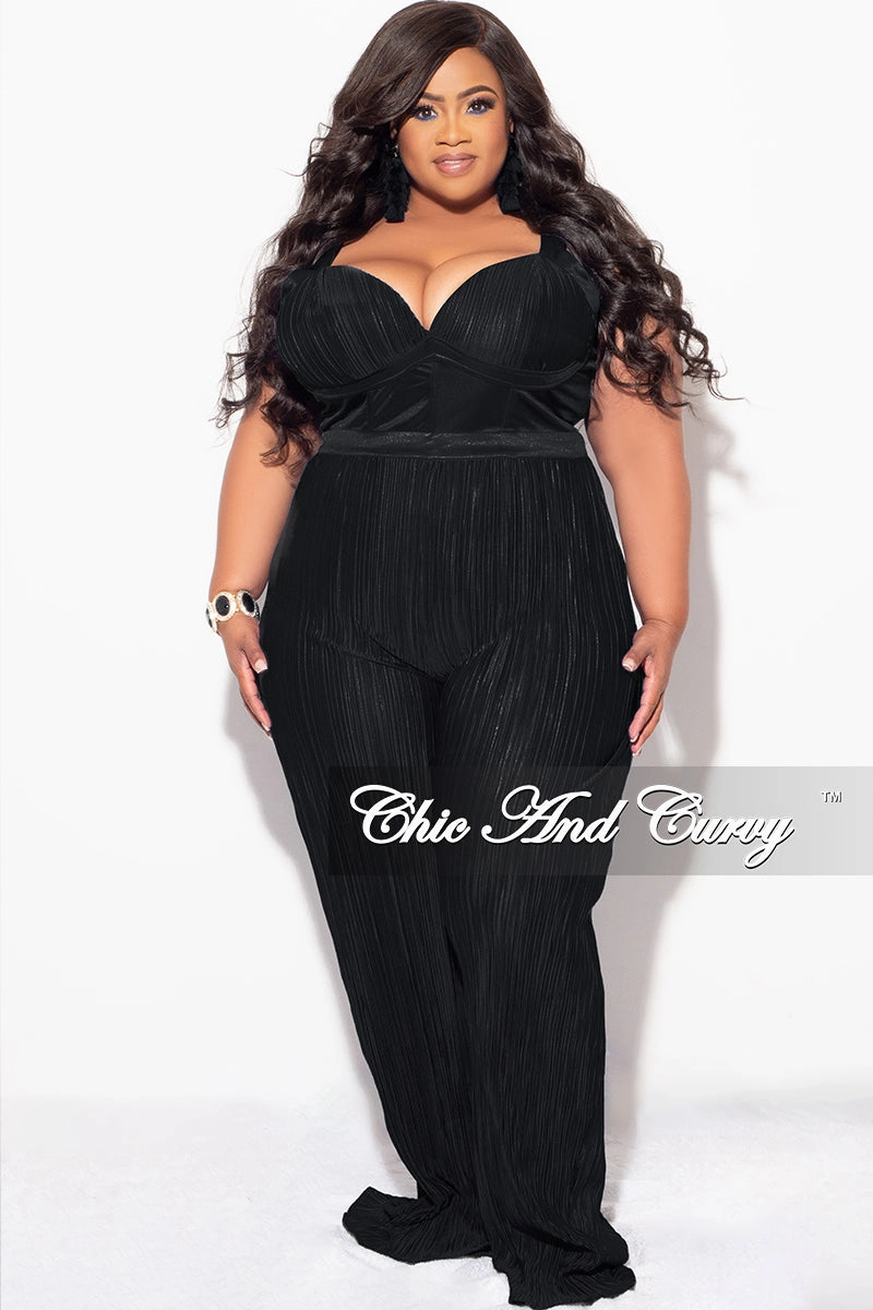 Sustainable Manufacturing Process Ribbed Trim Final Sale Plus Size Pleated Jumpsuit in Black