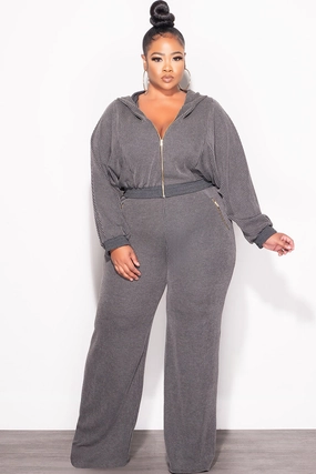 Final Sale Plus Size Plush Ribbed 2pc Hooded Zip-Up Jacket and Pants Set in Black Stretch Support Fit