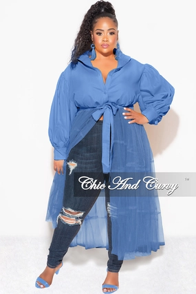 Final Sale Plus Size Puffy Long Sleeve Button Up Top with Mesh Train in Blue Reflective Trim Stylish Wear
