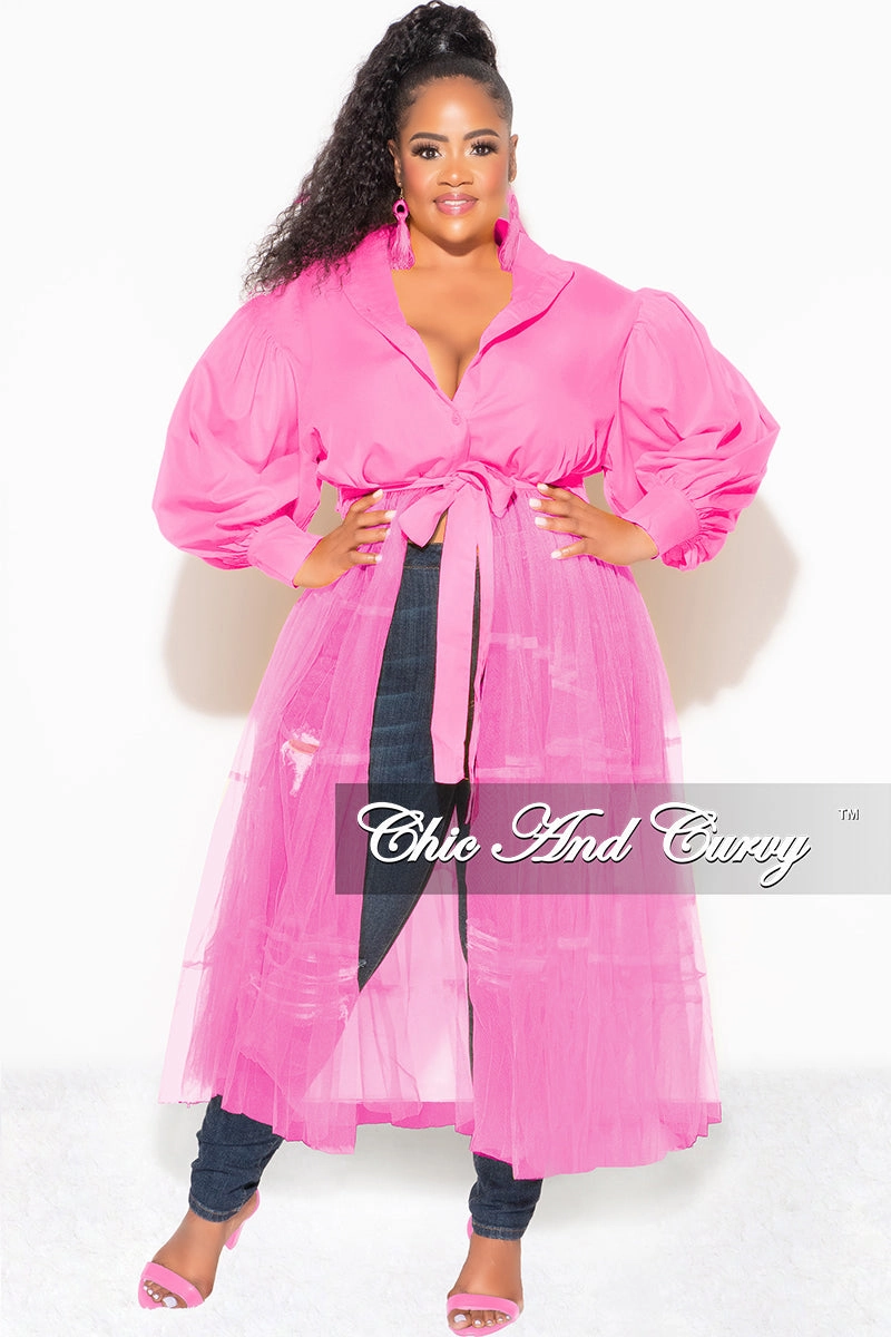 Final Sale Plus Size Puffy Long Sleeve Button Up Top with Mesh Train in Pink Sport Comfort Fit Wool blend