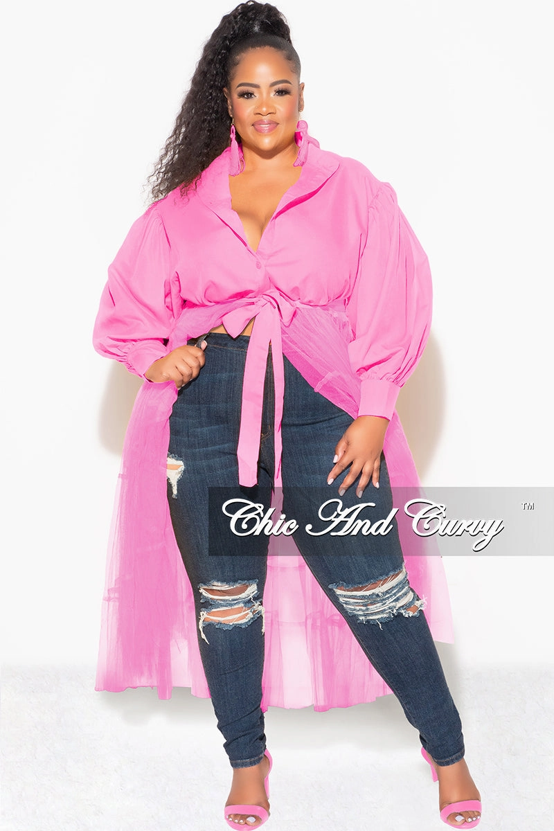 Final Sale Plus Size Puffy Long Sleeve Button Up Top with Mesh Train in Pink OdorResistant