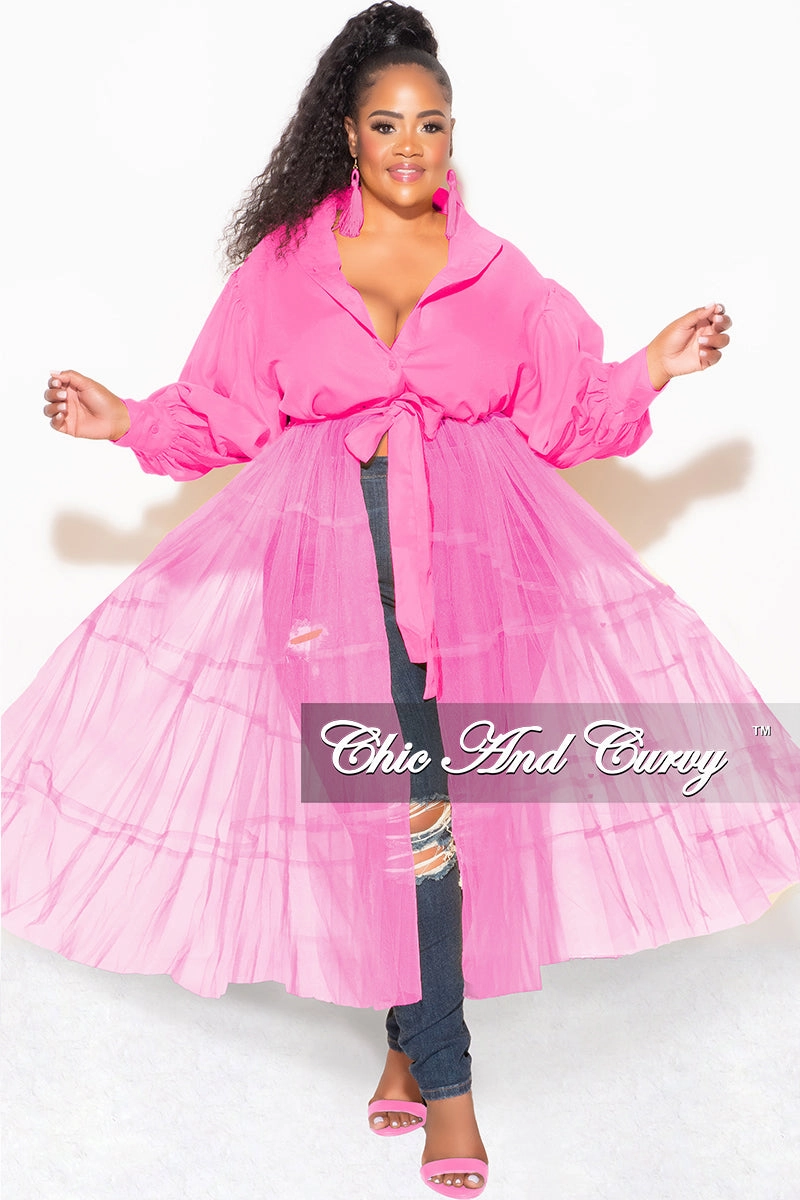 Modern Utility Timeless Comfort Wear Final Sale Plus Size Puffy Long Sleeve Button Up Top with Mesh Train in Pink